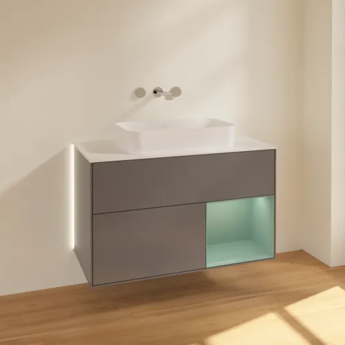Bild von VILLEROY BOCH Finion Waschbeckenunterschrank, mit Beleuchtung, 2 Auszüge, 1000 x 603 x 501 mm, Anthracite Matt Lacquer / Olive Matt Lacquer / Glass White Matt #G661GMGK