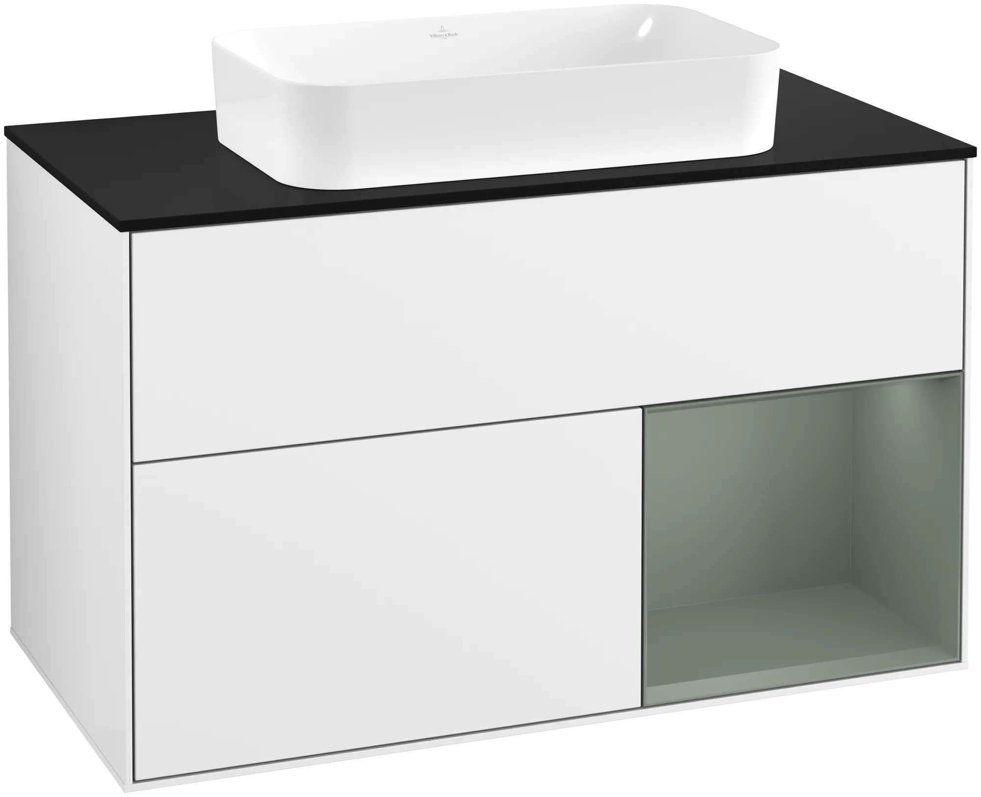 Picture of VILLEROY BOCH Finion Vanity unit, with lighting, 2 pull-out compartments, 1000 x 603 x 501 mm, Glossy White Lacquer / Olive Matt Lacquer / Glass Black Matt #G662GMGF