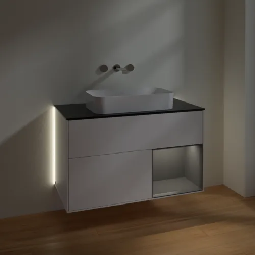 Bild von VILLEROY BOCH Finion Waschbeckenunterschrank, mit Beleuchtung, 2 Auszüge, 1000 x 603 x 501 mm, White Matt Lacquer / Anthracite Matt Lacquer / Glass Black Matt #G662GKMT