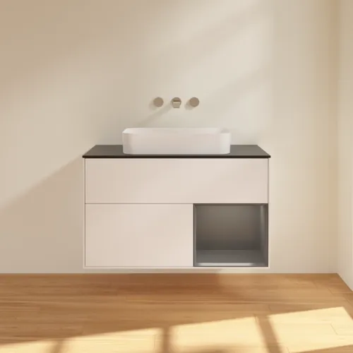 Bild von VILLEROY BOCH Finion Waschbeckenunterschrank, mit Beleuchtung, 2 Auszüge, 1000 x 603 x 501 mm, White Matt Lacquer / Anthracite Matt Lacquer / Glass Black Matt #G662GKMT