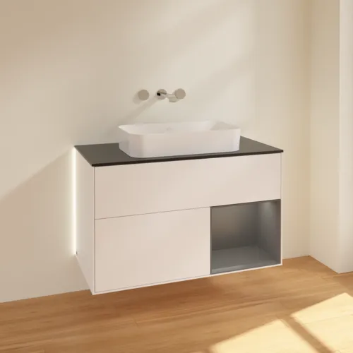 Bild von VILLEROY BOCH Finion Waschbeckenunterschrank, mit Beleuchtung, 2 Auszüge, 1000 x 603 x 501 mm, White Matt Lacquer / Anthracite Matt Lacquer / Glass Black Matt #G662GKMT