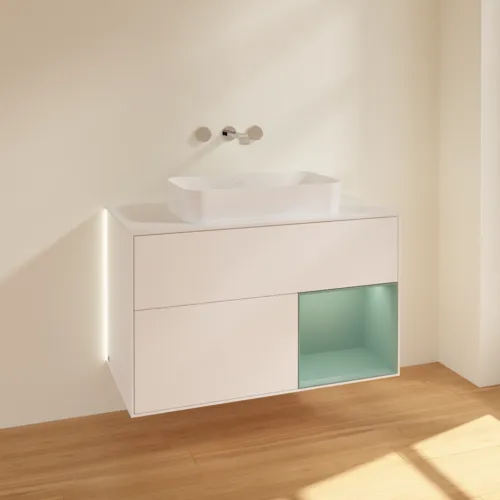 Picture of VILLEROY BOCH Finion Vanity unit, with lighting, 2 pull-out compartments, 1000 x 603 x 501 mm, White Matt Lacquer / Olive Matt Lacquer / Glass White Matt #G661GMMT