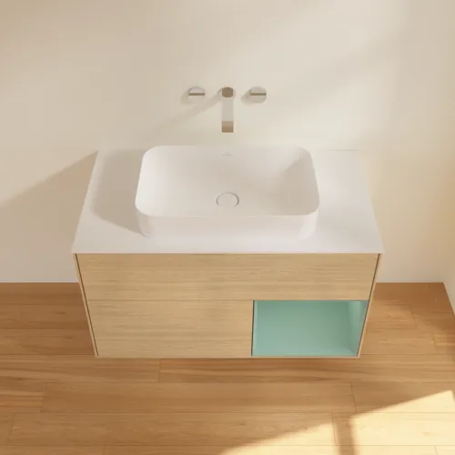 Bild von VILLEROY BOCH Finion Waschbeckenunterschrank, mit Beleuchtung, 2 Auszüge, 1000 x 603 x 501 mm, Oak Veneer / Olive Matt Lacquer / Glass White Matt #G661GMPC