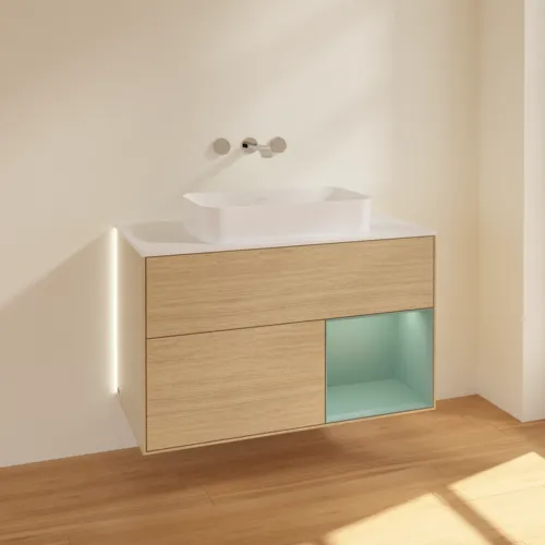 Bild von VILLEROY BOCH Finion Waschbeckenunterschrank, mit Beleuchtung, 2 Auszüge, 1000 x 603 x 501 mm, Oak Veneer / Olive Matt Lacquer / Glass White Matt #G661GMPC