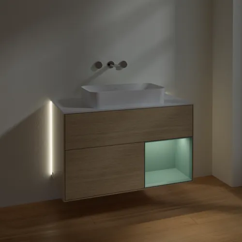 Bild von VILLEROY BOCH Finion Waschbeckenunterschrank, mit Beleuchtung, 2 Auszüge, 1000 x 603 x 501 mm, Oak Veneer / Olive Matt Lacquer / Glass White Matt #G661GMPC