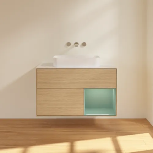 Bild von VILLEROY BOCH Finion Waschbeckenunterschrank, mit Beleuchtung, 2 Auszüge, 1000 x 603 x 501 mm, Oak Veneer / Olive Matt Lacquer / Glass White Matt #G661GMPC