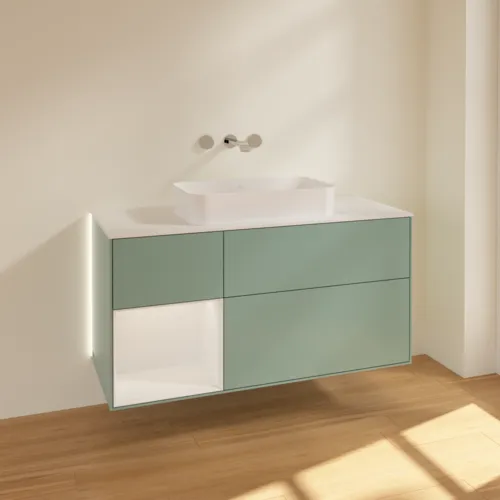 Bild von VILLEROY BOCH Finion Waschbeckenunterschrank, mit Beleuchtung, 3 Auszüge, 1200 x 603 x 501 mm, Olive Matt Lacquer / Glossy White Lacquer / Glass White Matt #G701GFGM