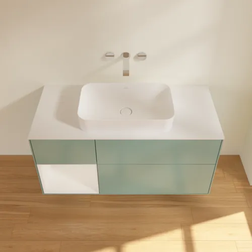 Bild von VILLEROY BOCH Finion Waschbeckenunterschrank, mit Beleuchtung, 3 Auszüge, 1200 x 603 x 501 mm, Olive Matt Lacquer / Glossy White Lacquer / Glass White Matt #G701GFGM