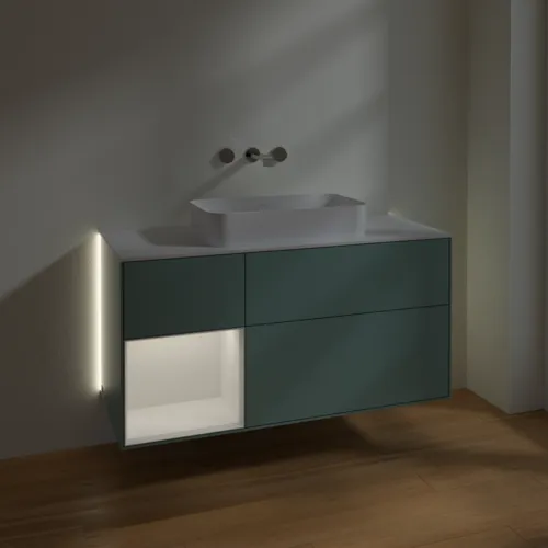 Bild von VILLEROY BOCH Finion Waschbeckenunterschrank, mit Beleuchtung, 3 Auszüge, 1200 x 603 x 501 mm, Olive Matt Lacquer / Glossy White Lacquer / Glass White Matt #G701GFGM