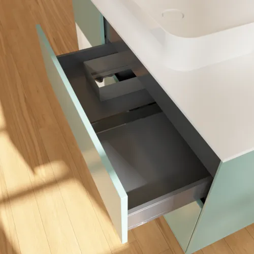 Bild von VILLEROY BOCH Finion Waschbeckenunterschrank, mit Beleuchtung, 3 Auszüge, 1200 x 603 x 501 mm, Olive Matt Lacquer / Glossy White Lacquer / Glass White Matt #G701GFGM