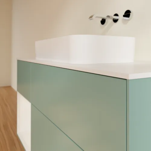 Bild von VILLEROY BOCH Finion Waschbeckenunterschrank, mit Beleuchtung, 3 Auszüge, 1200 x 603 x 501 mm, Olive Matt Lacquer / Glossy White Lacquer / Glass White Matt #G701GFGM