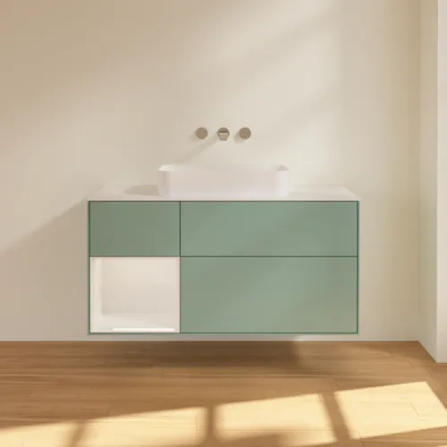 Bild von VILLEROY BOCH Finion Waschbeckenunterschrank, mit Beleuchtung, 3 Auszüge, 1200 x 603 x 501 mm, Olive Matt Lacquer / Glossy White Lacquer / Glass White Matt #G701GFGM