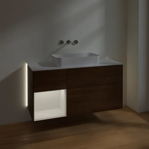Bild von VILLEROY BOCH Finion Waschbeckenunterschrank, mit Beleuchtung, 3 Auszüge, 1200 x 603 x 501 mm, Walnut Veneer / Glossy White Lacquer / Glass White Matt #G701GFGN