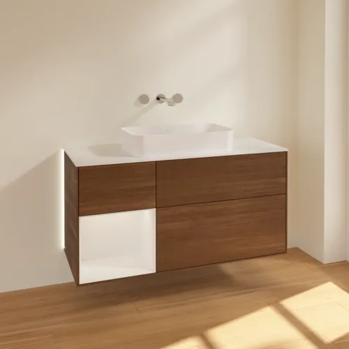 Bild von VILLEROY BOCH Finion Waschbeckenunterschrank, mit Beleuchtung, 3 Auszüge, 1200 x 603 x 501 mm, Walnut Veneer / Glossy White Lacquer / Glass White Matt #G701GFGN