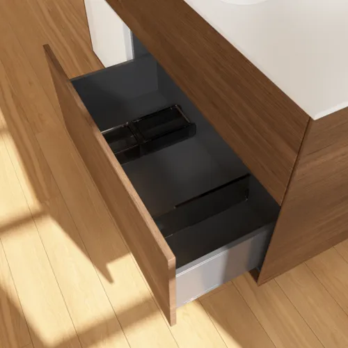 Bild von VILLEROY BOCH Finion Waschbeckenunterschrank, mit Beleuchtung, 3 Auszüge, 1200 x 603 x 501 mm, Walnut Veneer / Glossy White Lacquer / Glass White Matt #G701GFGN