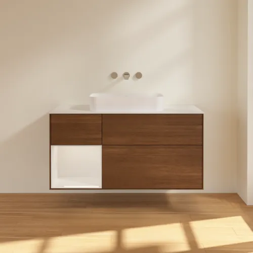 Bild von VILLEROY BOCH Finion Waschbeckenunterschrank, mit Beleuchtung, 3 Auszüge, 1200 x 603 x 501 mm, Walnut Veneer / Glossy White Lacquer / Glass White Matt #G701GFGN