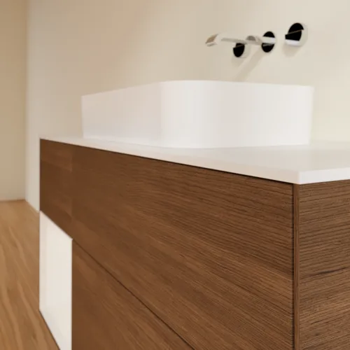 Bild von VILLEROY BOCH Finion Waschbeckenunterschrank, mit Beleuchtung, 3 Auszüge, 1200 x 603 x 501 mm, Walnut Veneer / Glossy White Lacquer / Glass White Matt #G701GFGN