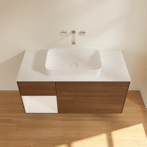 Bild von VILLEROY BOCH Finion Waschbeckenunterschrank, mit Beleuchtung, 3 Auszüge, 1200 x 603 x 501 mm, Walnut Veneer / Glossy White Lacquer / Glass White Matt #G701GFGN