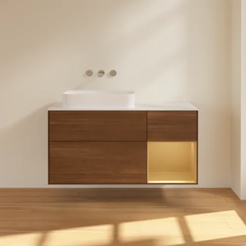 Picture of VILLEROY BOCH Finion Vanity unit, with lighting, 3 pull-out compartments, 1200 x 603 x 501 mm, Walnut Veneer / Gold Matt Lacquer / Glass White Matt #G691HFGN