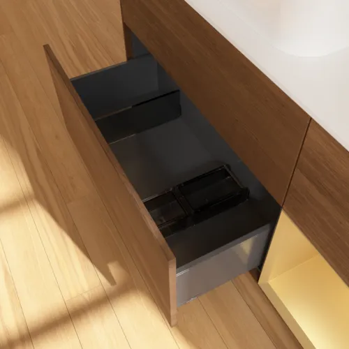 Picture of VILLEROY BOCH Finion Vanity unit, with lighting, 3 pull-out compartments, 1200 x 603 x 501 mm, Walnut Veneer / Gold Matt Lacquer / Glass White Matt #G691HFGN