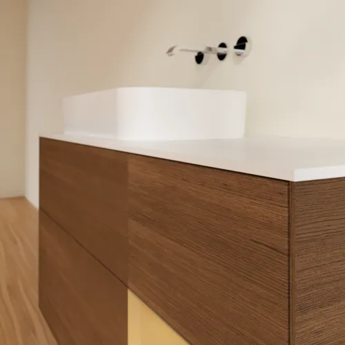 Picture of VILLEROY BOCH Finion Vanity unit, with lighting, 3 pull-out compartments, 1200 x 603 x 501 mm, Walnut Veneer / Gold Matt Lacquer / Glass White Matt #G691HFGN