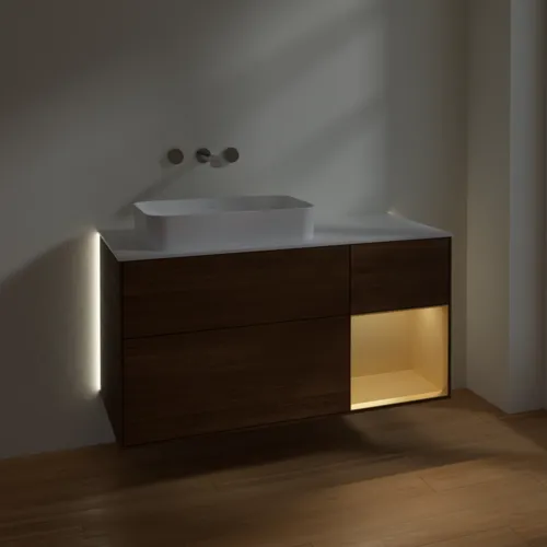 Picture of VILLEROY BOCH Finion Vanity unit, with lighting, 3 pull-out compartments, 1200 x 603 x 501 mm, Walnut Veneer / Gold Matt Lacquer / Glass White Matt #G691HFGN