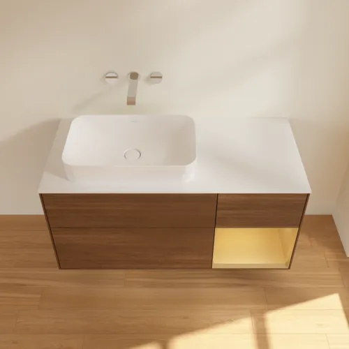 Picture of VILLEROY BOCH Finion Vanity unit, with lighting, 3 pull-out compartments, 1200 x 603 x 501 mm, Walnut Veneer / Gold Matt Lacquer / Glass White Matt #G691HFGN