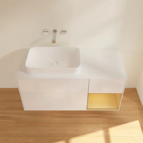 Bild von VILLEROY BOCH Finion Waschbeckenunterschrank, mit Beleuchtung, 3 Auszüge, 1200 x 603 x 501 mm, Glossy White Lacquer / Gold Matt Lacquer / Glass White Matt #G691HFGF