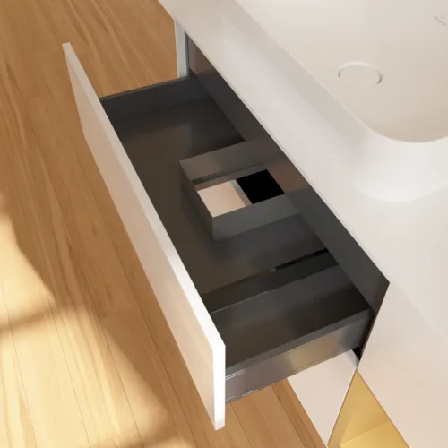 Bild von VILLEROY BOCH Finion Waschbeckenunterschrank, mit Beleuchtung, 3 Auszüge, 1200 x 603 x 501 mm, Glossy White Lacquer / Gold Matt Lacquer / Glass White Matt #G691HFGF