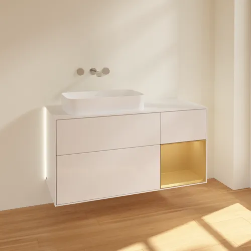 Bild von VILLEROY BOCH Finion Waschbeckenunterschrank, mit Beleuchtung, 3 Auszüge, 1200 x 603 x 501 mm, Glossy White Lacquer / Gold Matt Lacquer / Glass White Matt #G691HFGF