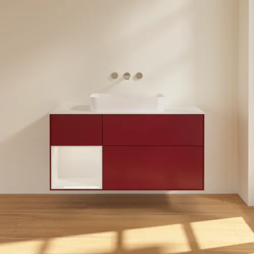 Bild von VILLEROY BOCH Finion Waschbeckenunterschrank, mit Beleuchtung, 3 Auszüge, 1200 x 603 x 501 mm, Peony Matt Lacquer / Glossy White Lacquer / Glass White Matt #G701GFHB