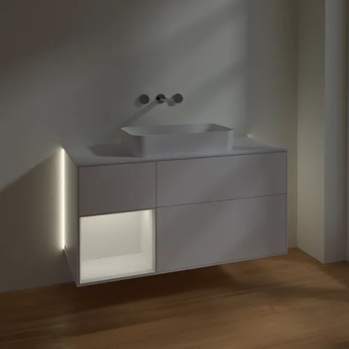 Bild von VILLEROY BOCH Finion Waschbeckenunterschrank, mit Beleuchtung, 3 Auszüge, 1200 x 603 x 501 mm, White Matt Lacquer / Glossy White Lacquer / Glass White Matt #G701GFMT