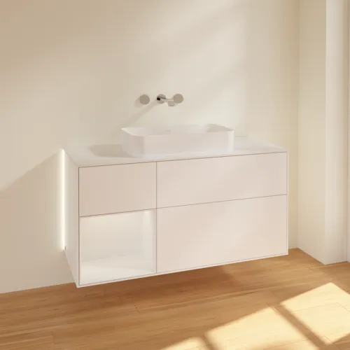 Bild von VILLEROY BOCH Finion Waschbeckenunterschrank, mit Beleuchtung, 3 Auszüge, 1200 x 603 x 501 mm, White Matt Lacquer / Glossy White Lacquer / Glass White Matt #G701GFMT