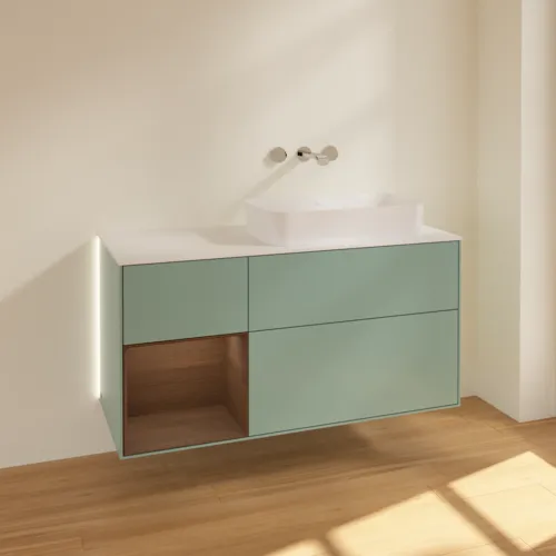 VILLEROY BOCH Finion Waschbeckenunterschrank, mit Beleuchtung, 3 Auszüge, 1200 x 603 x 501 mm, Olive Matt Lacquer / Walnut Veneer / Glass White Matt #G681GNGM, Bild 2