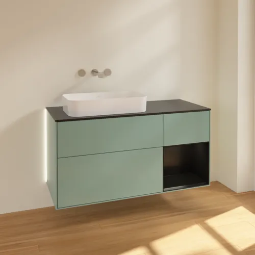 Bild von VILLEROY BOCH Finion Waschbeckenunterschrank, mit Beleuchtung, 3 Auszüge, 1200 x 603 x 501 mm, Olive Matt Lacquer / Black Matt Lacquer / Glass Black Matt #G692PDGM