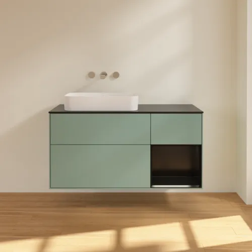 Bild von VILLEROY BOCH Finion Waschbeckenunterschrank, mit Beleuchtung, 3 Auszüge, 1200 x 603 x 501 mm, Olive Matt Lacquer / Black Matt Lacquer / Glass Black Matt #G692PDGM