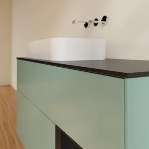 Bild von VILLEROY BOCH Finion Waschbeckenunterschrank, mit Beleuchtung, 3 Auszüge, 1200 x 603 x 501 mm, Olive Matt Lacquer / Black Matt Lacquer / Glass Black Matt #G692PDGM