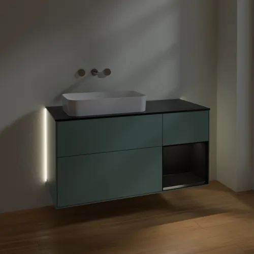 Bild von VILLEROY BOCH Finion Waschbeckenunterschrank, mit Beleuchtung, 3 Auszüge, 1200 x 603 x 501 mm, Olive Matt Lacquer / Black Matt Lacquer / Glass Black Matt #G692PDGM