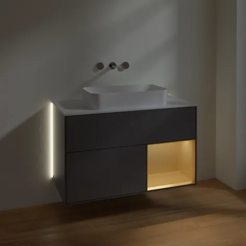 Bild von VILLEROY BOCH Finion Waschbeckenunterschrank, mit Beleuchtung, 2 Auszüge, 1000 x 603 x 501 mm, Anthracite Matt Lacquer / Gold Matt Lacquer / Glass White Matt #G661HFGK
