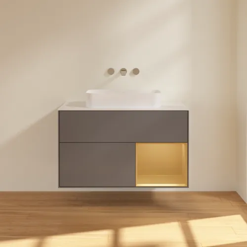 Bild von VILLEROY BOCH Finion Waschbeckenunterschrank, mit Beleuchtung, 2 Auszüge, 1000 x 603 x 501 mm, Anthracite Matt Lacquer / Gold Matt Lacquer / Glass White Matt #G661HFGK