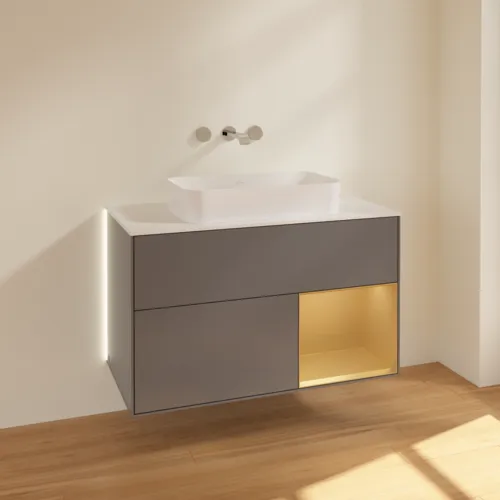 Bild von VILLEROY BOCH Finion Waschbeckenunterschrank, mit Beleuchtung, 2 Auszüge, 1000 x 603 x 501 mm, Anthracite Matt Lacquer / Gold Matt Lacquer / Glass White Matt #G661HFGK