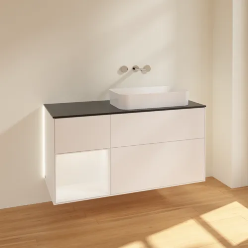 Bild von VILLEROY BOCH Finion Waschbeckenunterschrank, mit Beleuchtung, 3 Auszüge, 1200 x 603 x 501 mm, White Matt Lacquer / White Matt Lacquer / Glass Black Matt #G682MTMT