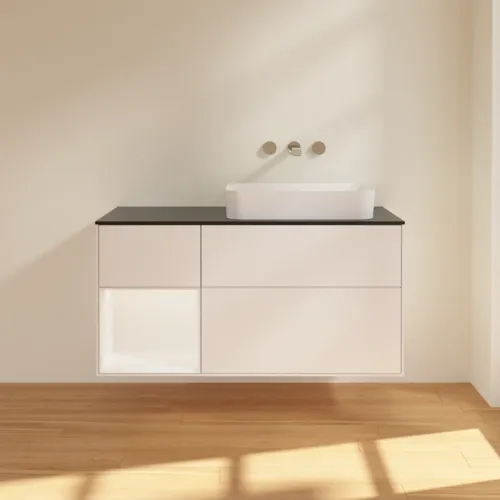 Bild von VILLEROY BOCH Finion Waschbeckenunterschrank, mit Beleuchtung, 3 Auszüge, 1200 x 603 x 501 mm, White Matt Lacquer / White Matt Lacquer / Glass Black Matt #G682MTMT