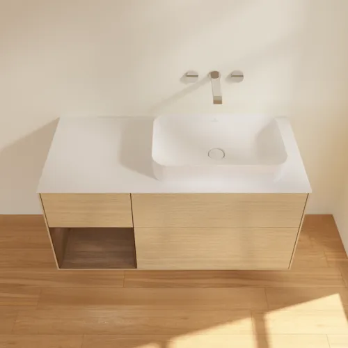 VILLEROY BOCH Finion Waschbeckenunterschrank, mit Beleuchtung, 3 Auszüge, 1200 x 603 x 501 mm, Oak Veneer / Walnut Veneer / Glass White Matt #G681GNPC, Bild 4