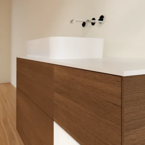 VILLEROY BOCH Finion Waschbeckenunterschrank, mit Beleuchtung, 3 Auszüge, 1200 x 603 x 501 mm, Walnut Veneer / White Matt Lacquer / Glass White Matt #G691MTGN, Bild 6