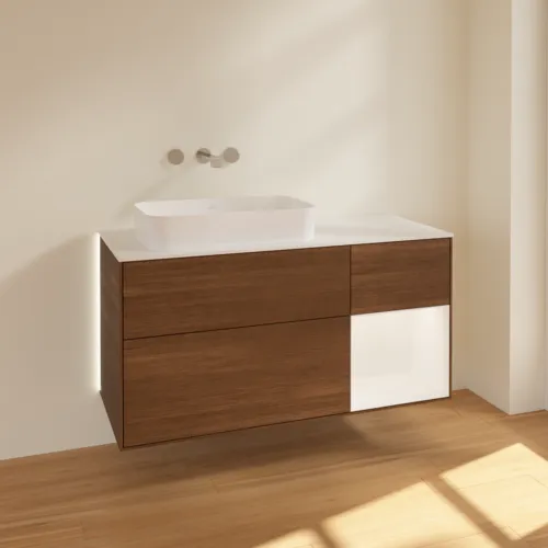 VILLEROY BOCH Finion Waschbeckenunterschrank, mit Beleuchtung, 3 Auszüge, 1200 x 603 x 501 mm, Walnut Veneer / White Matt Lacquer / Glass White Matt #G691MTGN, Bild 2