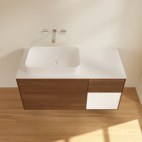 VILLEROY BOCH Finion Waschbeckenunterschrank, mit Beleuchtung, 3 Auszüge, 1200 x 603 x 501 mm, Walnut Veneer / White Matt Lacquer / Glass White Matt #G691MTGN, Bild 4