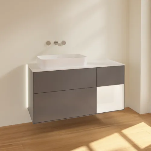 Bild von VILLEROY BOCH Finion Waschbeckenunterschrank, mit Beleuchtung, 3 Auszüge, 1200 x 603 x 501 mm, Anthracite Matt Lacquer / White Matt Lacquer / Glass White Matt #G691MTGK