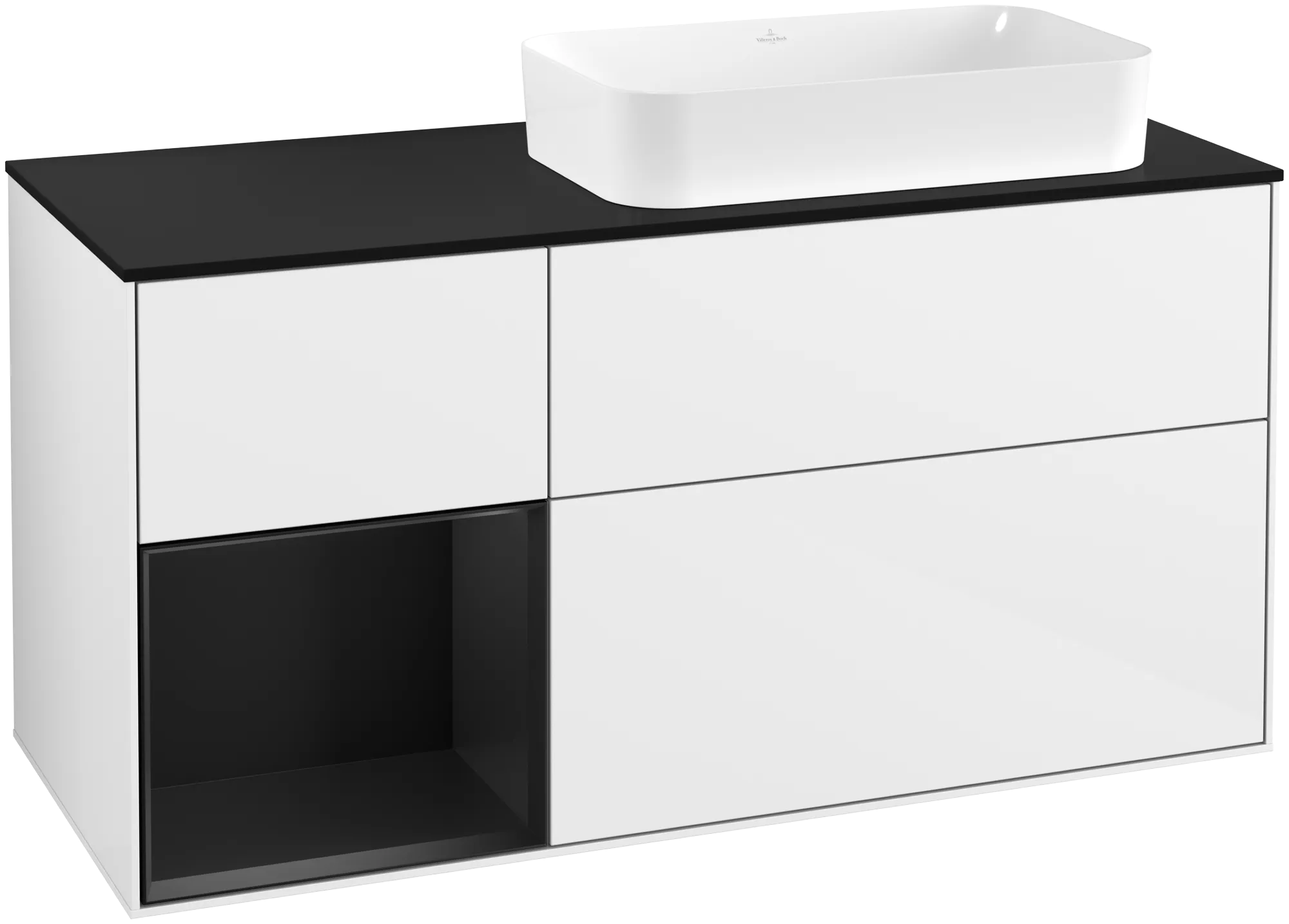 Picture of VILLEROY BOCH Finion Vanity unit, with lighting, 3 pull-out compartments, 1200 x 603 x 501 mm, Glossy White Lacquer / Black Matt Lacquer / Glass Black Matt #G682PDGF