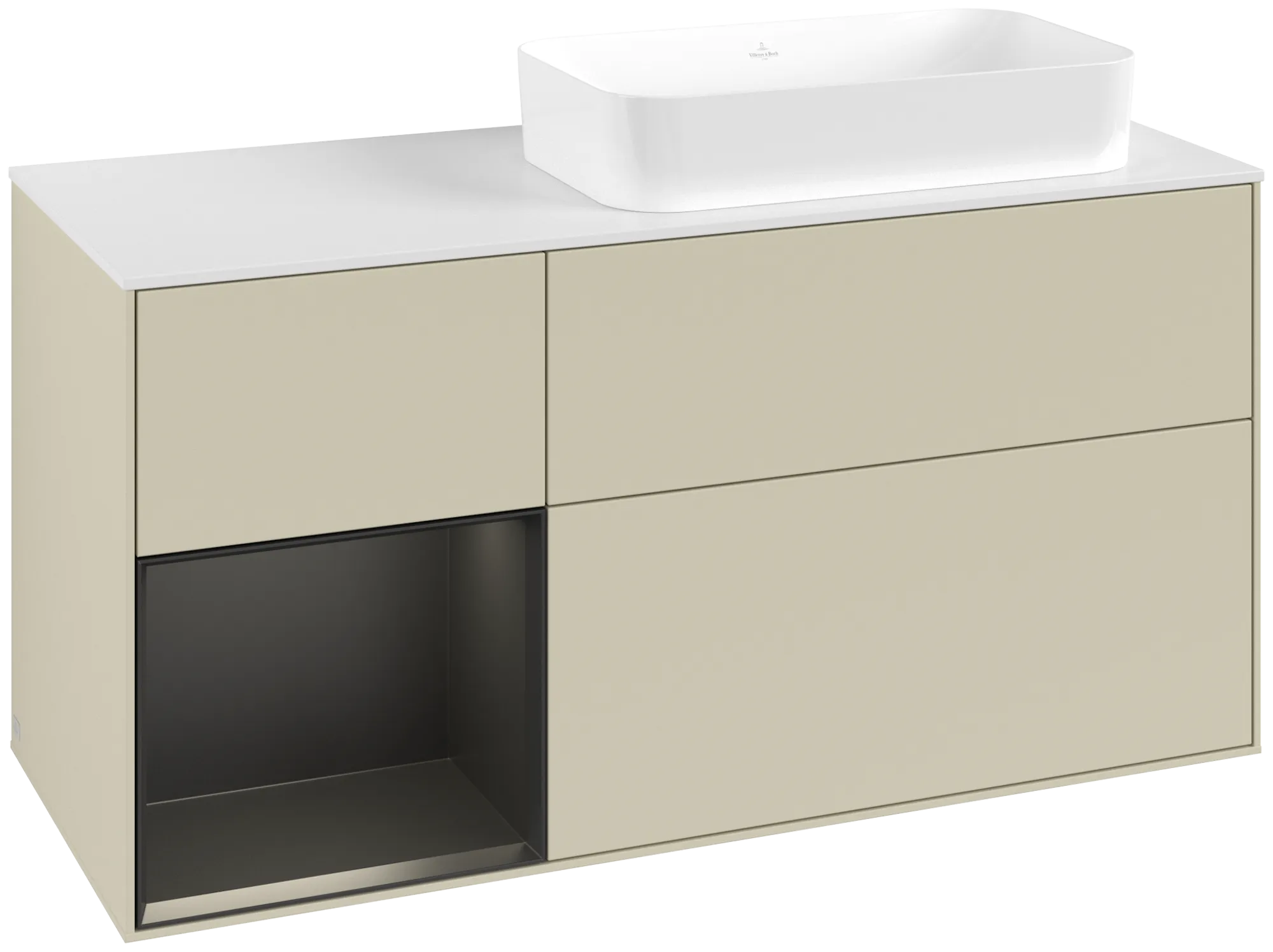Picture of VILLEROY BOCH Finion Vanity unit, with lighting, 3 pull-out compartments, 1200 x 603 x 501 mm, Silk Grey Matt Lacquer / Black Matt Lacquer / Glass White Matt #G681PDHJ